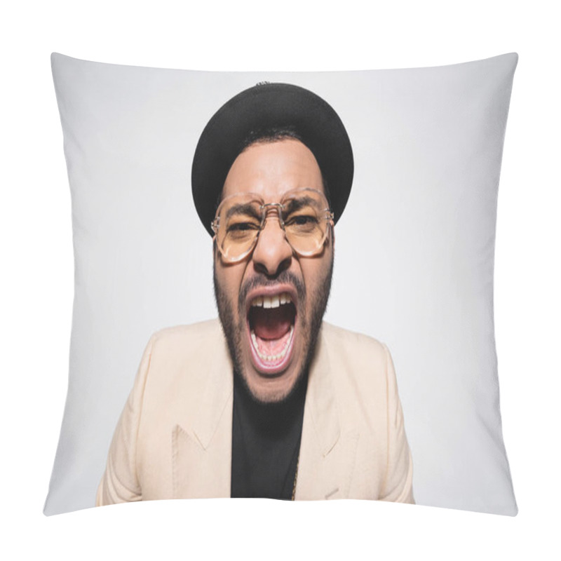 Personality  Emotional Indian Hip Hop Performer In Fedora Hat And Eyeglasses Screaming Isolated On Grey Pillow Covers