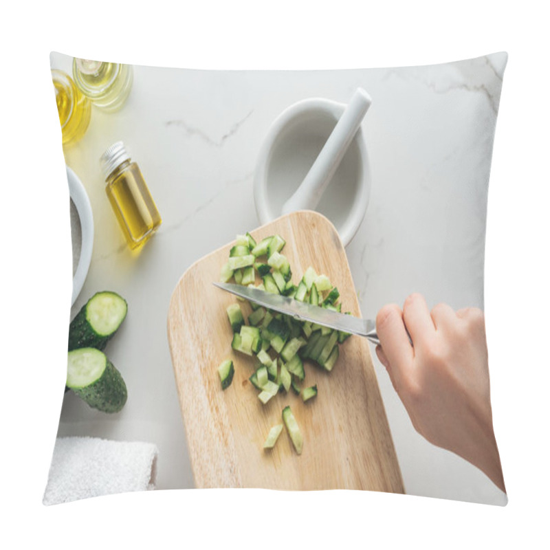 Personality  Partial View Of Woman Cutting Cucumber On Wooden Cutting Desk, Pounder And Various Cosmetic Ingredients On White Surface  Pillow Covers