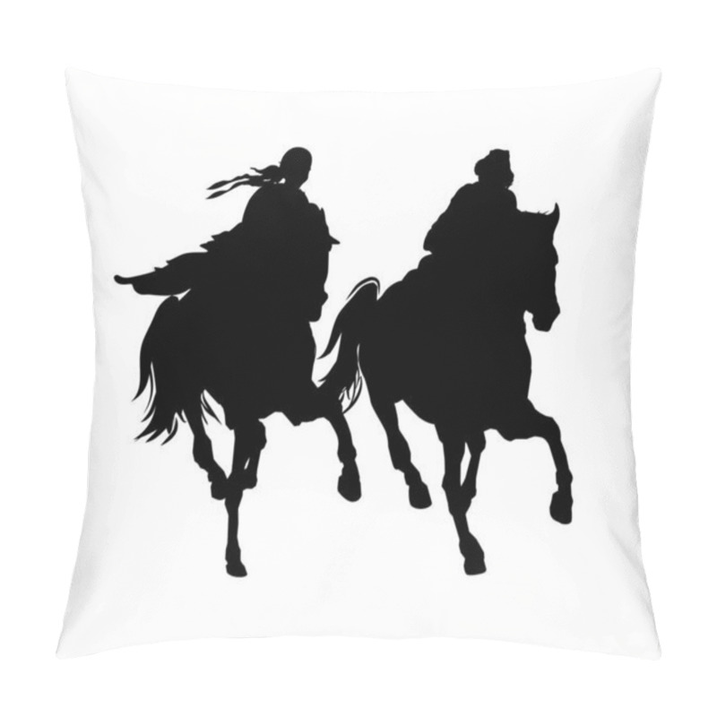 Personality  Man And Woman On Horseback. Black And White Vector Silhouette. Pillow Covers