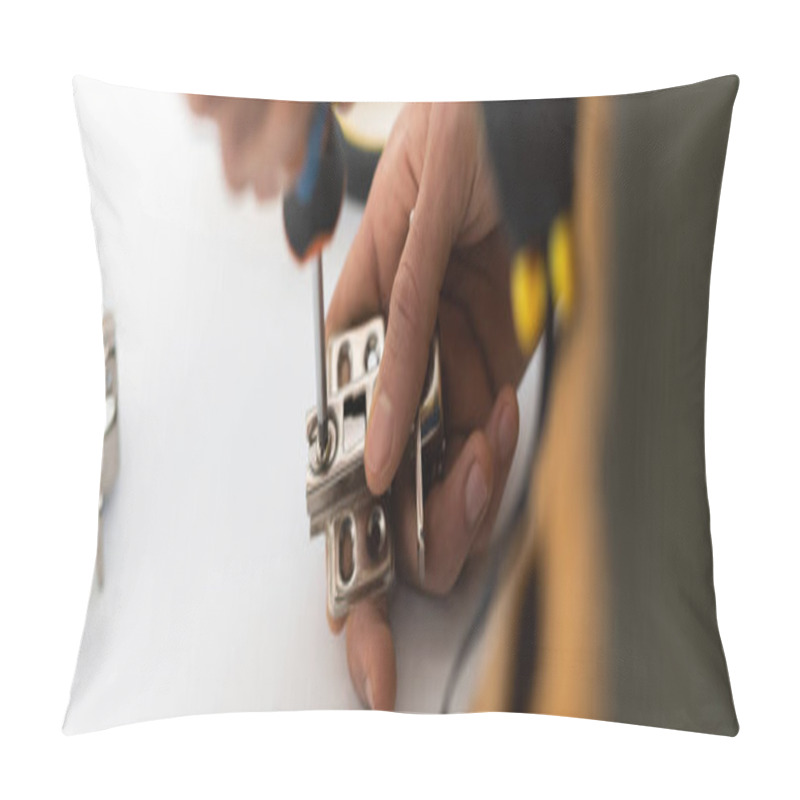 Personality  Cropped View Of Man Screwing Nail From Hinge Of Cupboard At Home, Banner  Pillow Covers