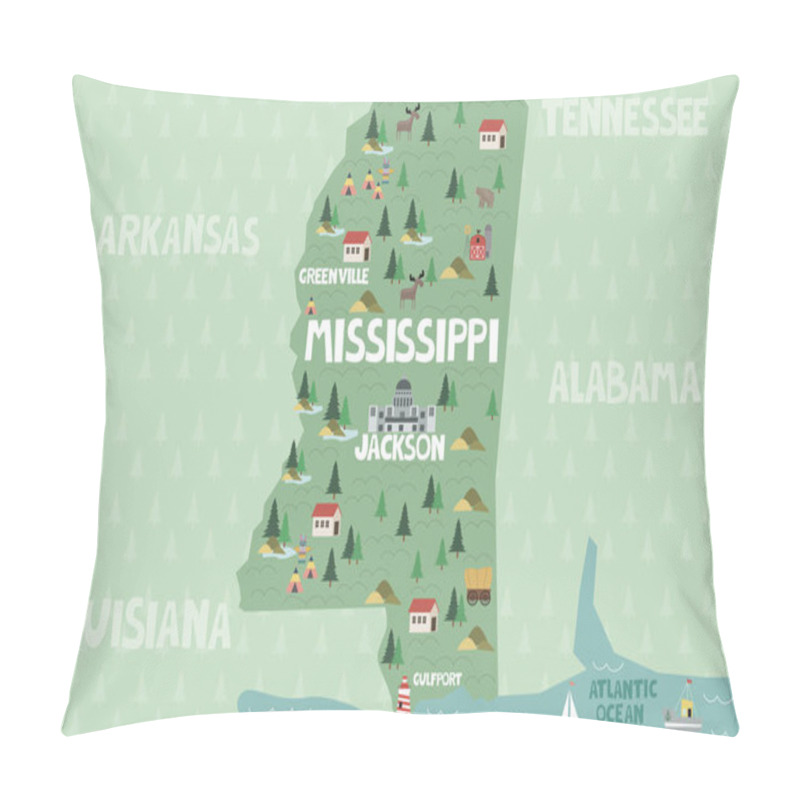 Personality  Illustrated Map Of The State Of Mississippi In United States With Cities And Landmarks. Editable Vector Illustration Pillow Covers