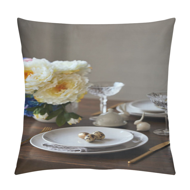 Personality  Selective Focus Of Quail Eggs On White Plates, Flowers And Crystal Glasses On Wooden Table At Home Pillow Covers