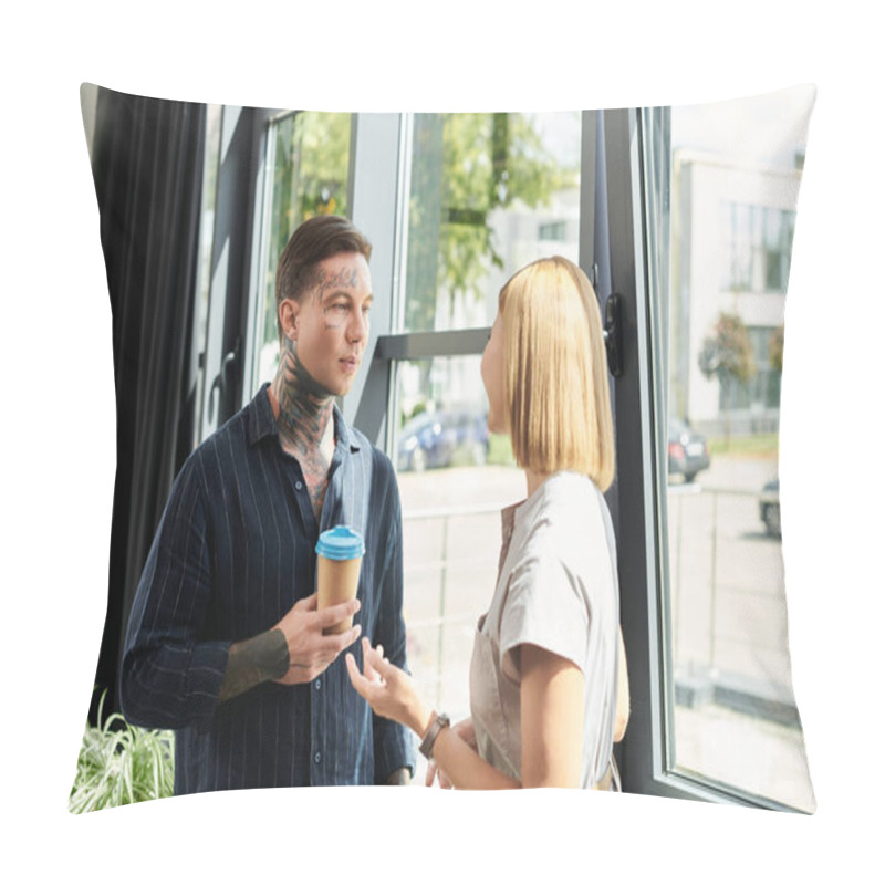 Personality  Two Young Professionals Share Ideas And Laughter While Enjoying Coffee In A Bright Office Space. Pillow Covers