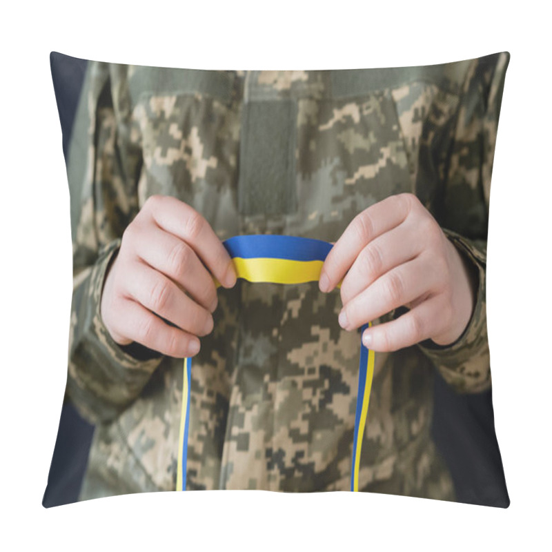 Personality  Partial View Of Woman In Military Uniform Holding Blue And Yellow Ribbon Isolated On Black Pillow Covers