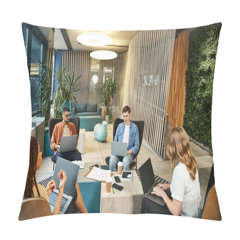 Personality  A Diverse Group Of Professionals Sit Around A Table, Engrossed In Their Laptops, Collaborating On A Startup Project. Pillow Covers