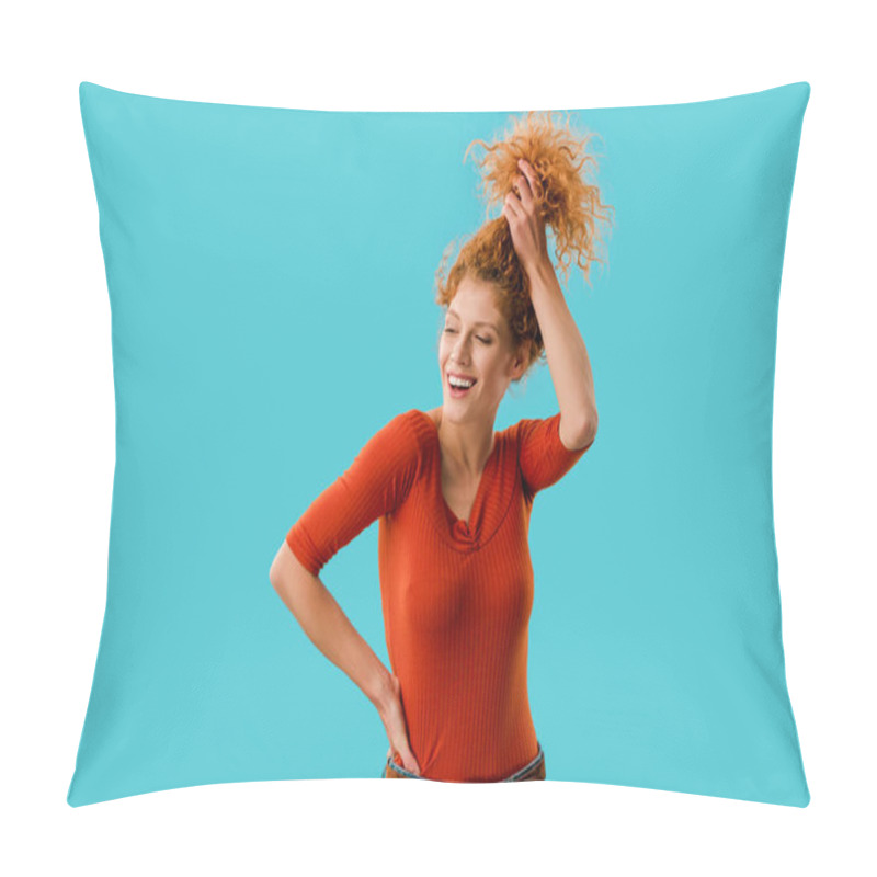 Personality  Beautiful Smiling Girl Holding Red Curly Hair Isolated On Blue Pillow Covers