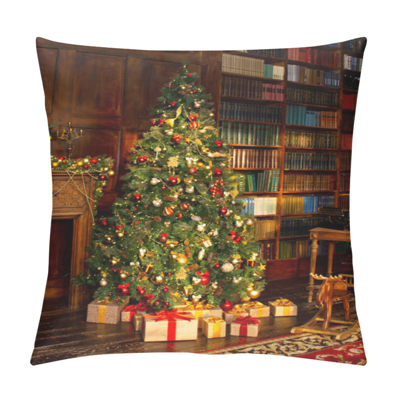 Personality  Christmas Tree With Beautiful Balls In Brown Interior. Room In Classic Style. Christmas Decor Pillow Covers