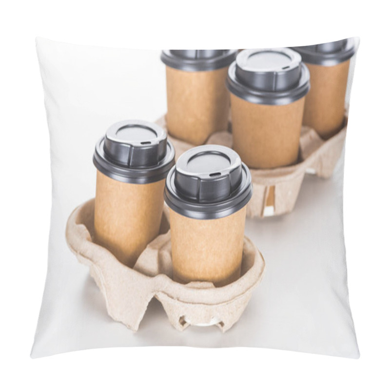 Personality  Paper Cups With Coffee In Cardboard Tray On White Background  Pillow Covers