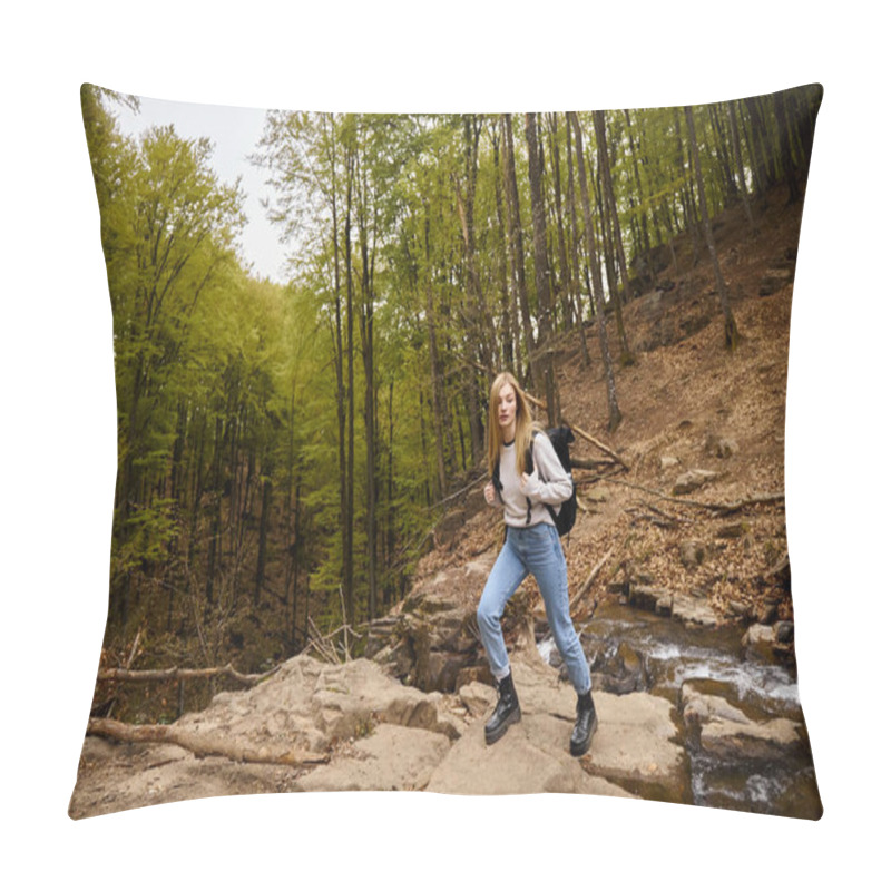 Personality  Active Woman Tourist With Backpack Walking At Footpath In Woodland Hiking At Autumn Forest Pillow Covers