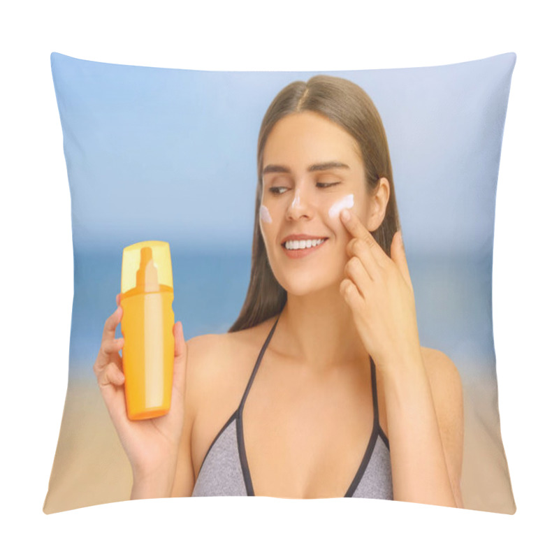 Personality  Sun Protection. Beautiful Young Woman Applying Sunblock Onto Face On Beach Pillow Covers