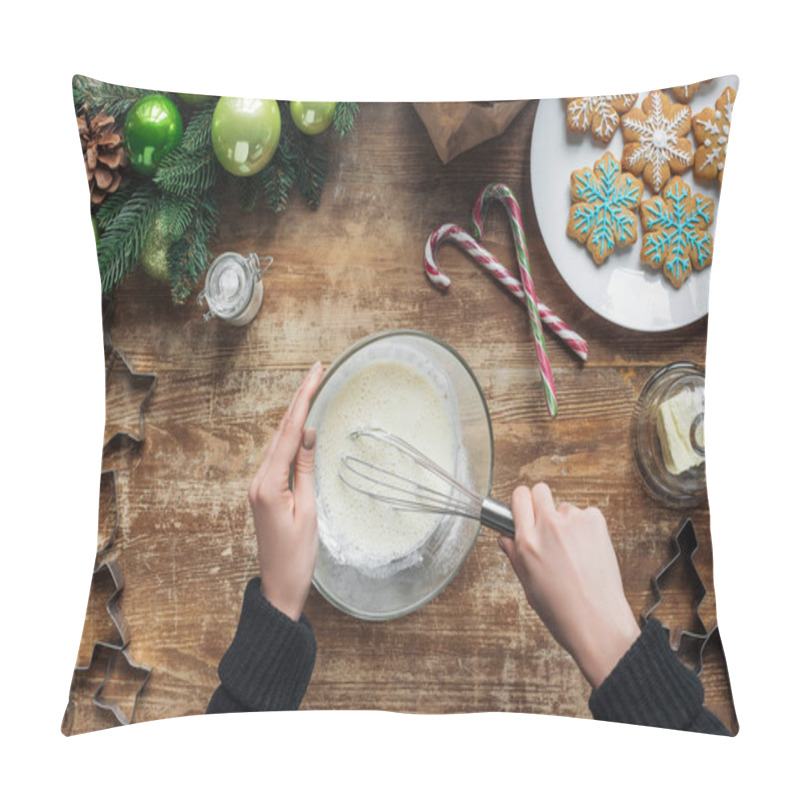 Personality  Cropped Shot Of Woman Making Dough For Christmas Cookies Bakery On Wooden Tabletop With Decorative Wreath Pillow Covers