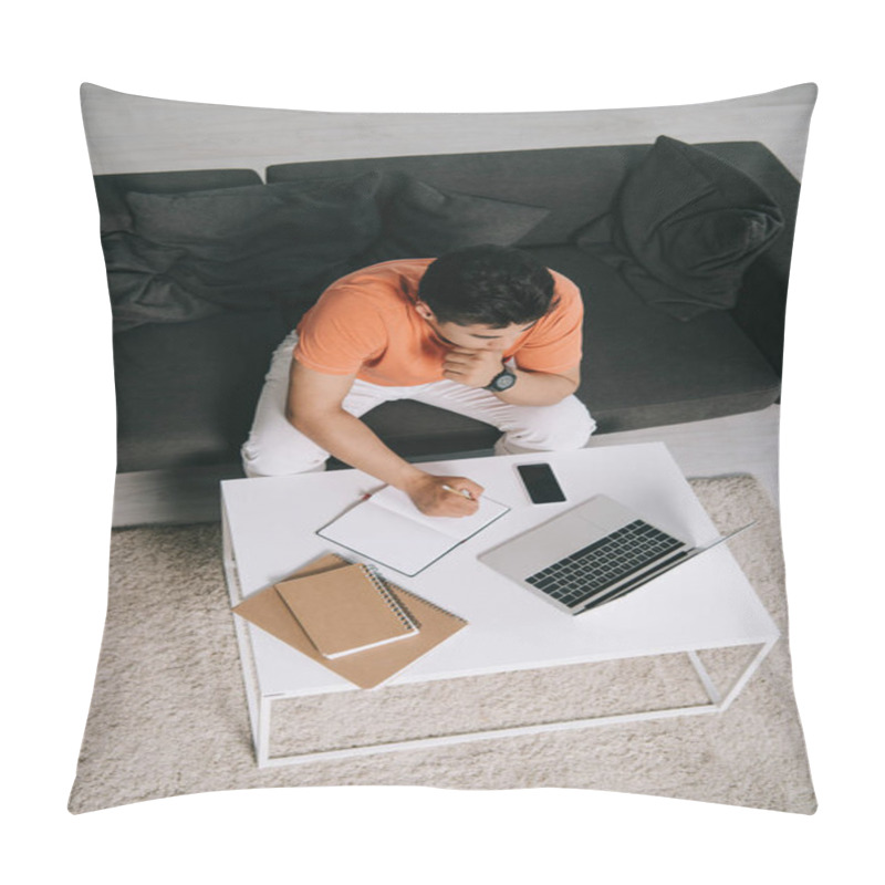 Personality  Overhead View Of Young Man Writing In Notebook And Using Laptop While Sitting On Sofa Near Desk Pillow Covers