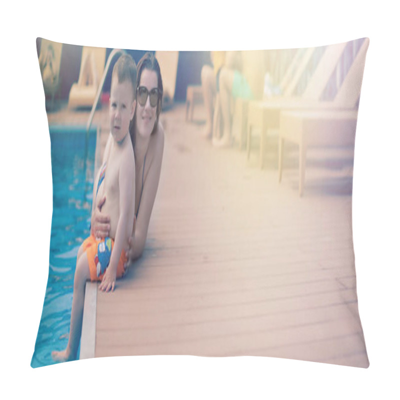 Personality  Banner Close-up Of Mother And Son By The Pool During Summer Vacation People Sunbathing Relax Family Day Off Pillow Covers