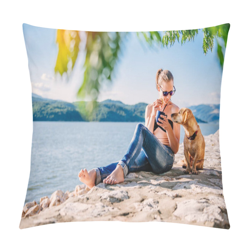 Personality  Woman With Sunglasses Wearing Black Bikini And Jeans Drinking Coffee And Eating Cookies On The Beach With Her Small Yellow Dog Pillow Covers