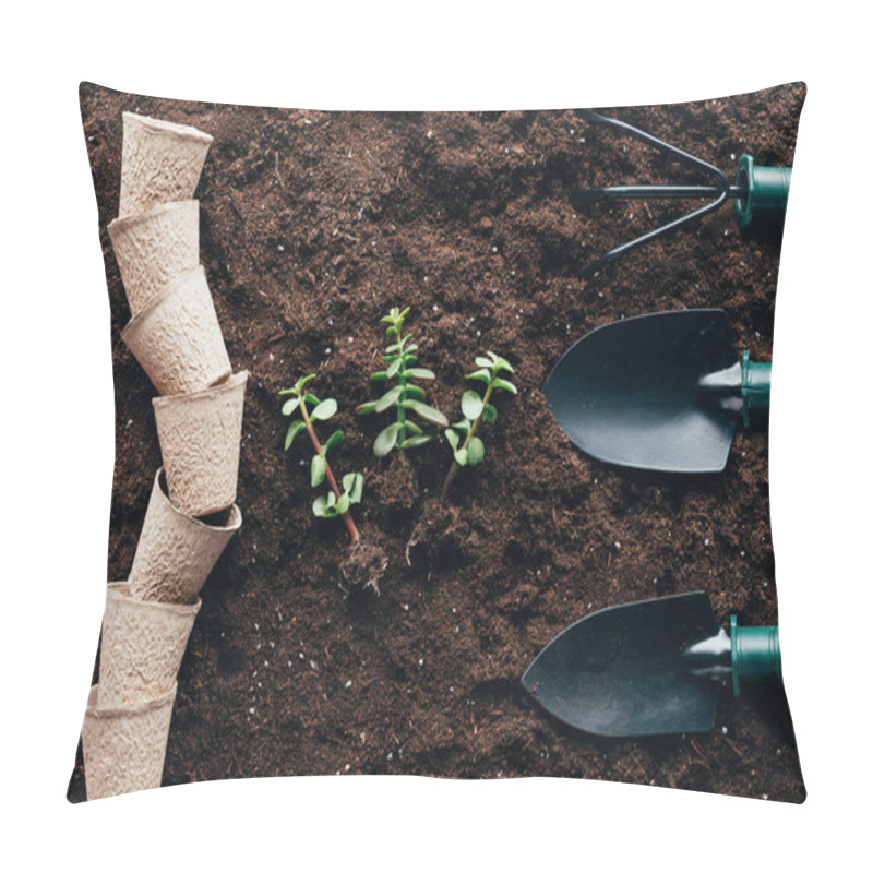 Personality  Top View Of Green Plants With Roots, Empty Pots And Gardening Tools On Soil Pillow Covers