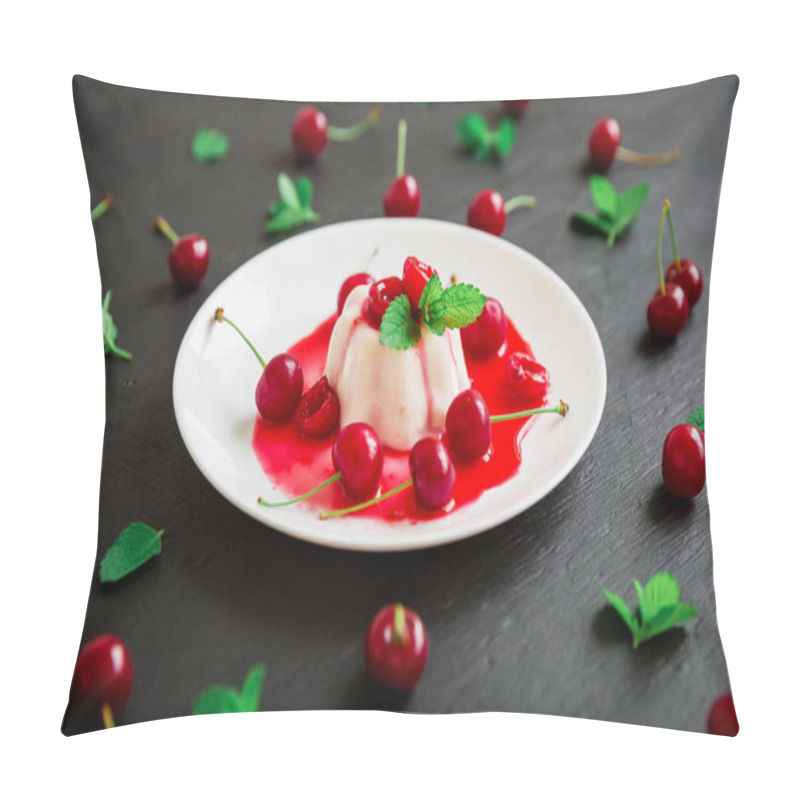 Personality  Fruit Jelly With Mild And Cherries, Delicious Dessert On Dark Table. Pillow Covers