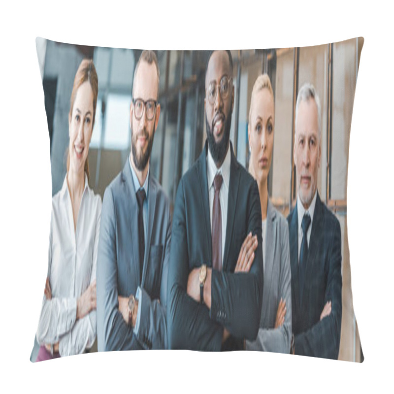 Personality  Panoramic Shot Of Multicultural Businessmen And Cheerful Businesswomen Standing With Crossed Arms And Looking At Camera  Pillow Covers