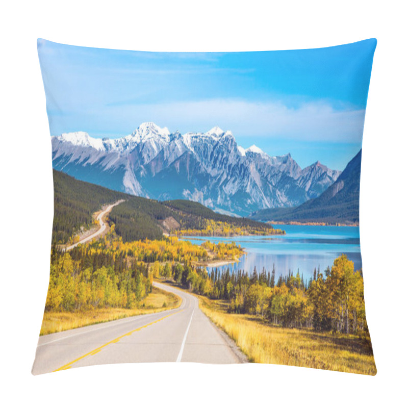 Personality  Asphalt Highway Leads To Abraham Lake In The Canadian Rockies. The Yellow Foliage Of Birches And Aspens Is Mixed With Green Conifers. The First Snow Has Already Fallen On The Peaks Pillow Covers