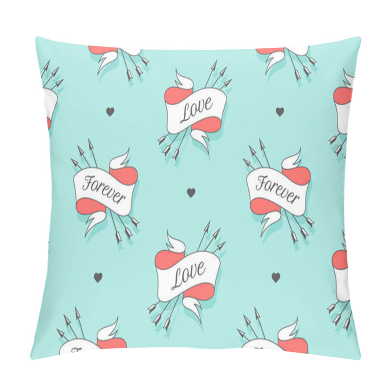 Personality  Seamless Pattern With Hearts And Arrows On A Turquoise Backdrop Pillow Covers