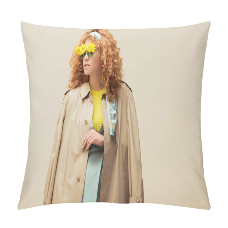 Personality  Trendy Redhead Woman In Trench Coat And Sunglasses With Flowers Posing Isolated On Beige  Pillow Covers