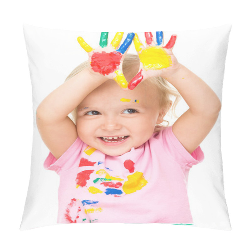 Personality  Portrait Of A Cute Little Girl Playing With Paints Pillow Covers