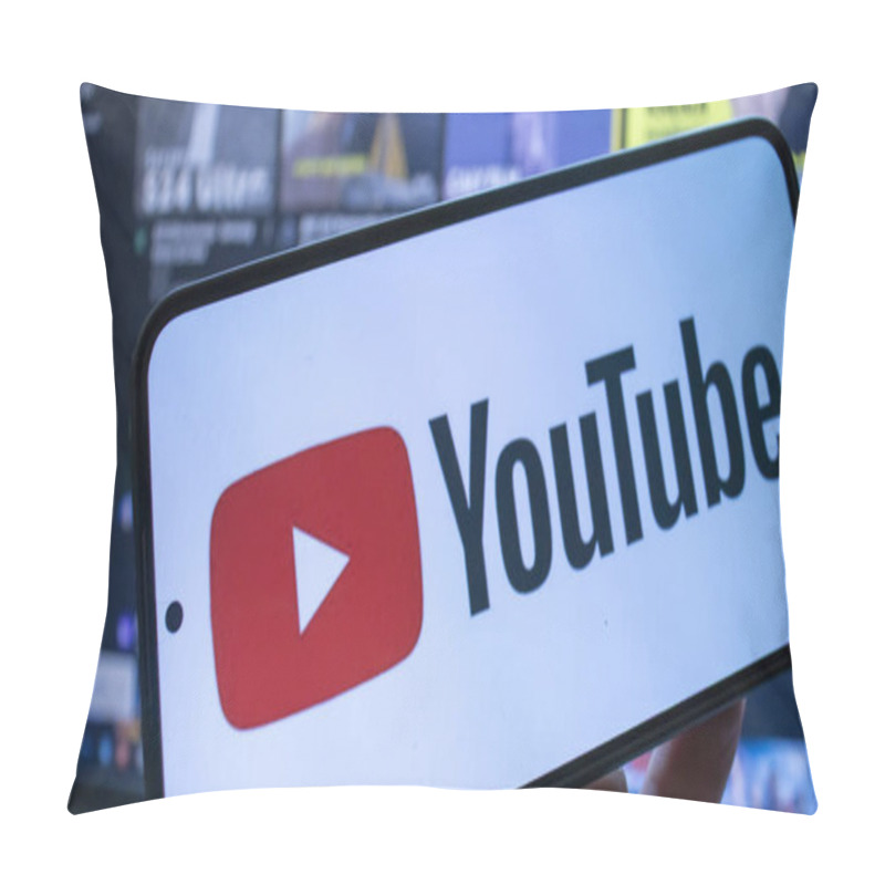 Personality  Warsaw Poland - September 20 2024: A Close-up Of A Smartphone Displaying The YouTube Logo Symbolizing Digital Media And Online Content Consumption In Today's Technology-driven World. Pillow Covers