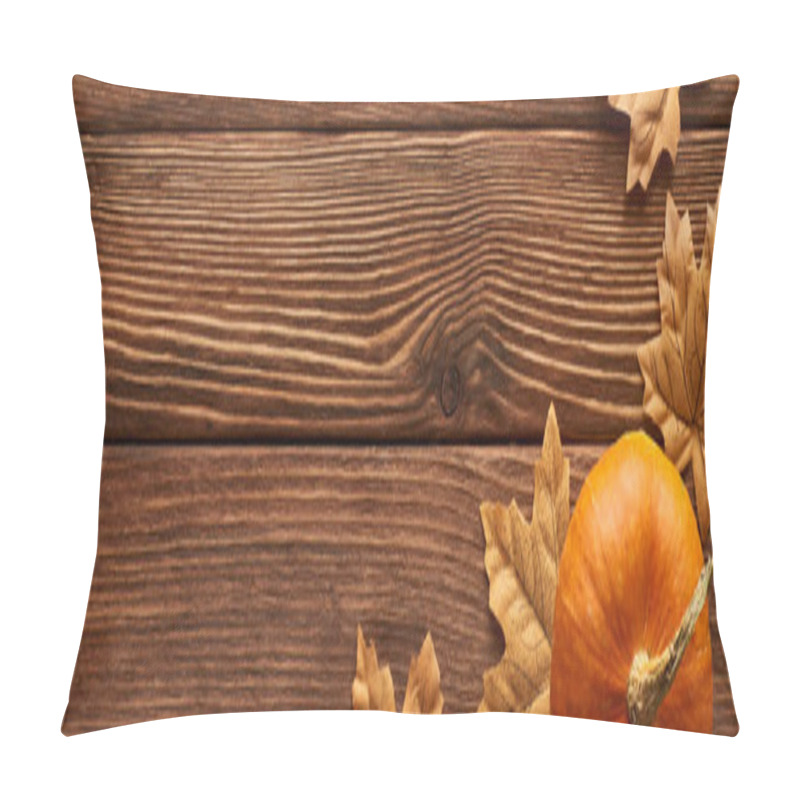 Personality  Panoramic Shot Of Small Pumpkin On Brown Wooden Surface With Dried Autumn Leaves Pillow Covers