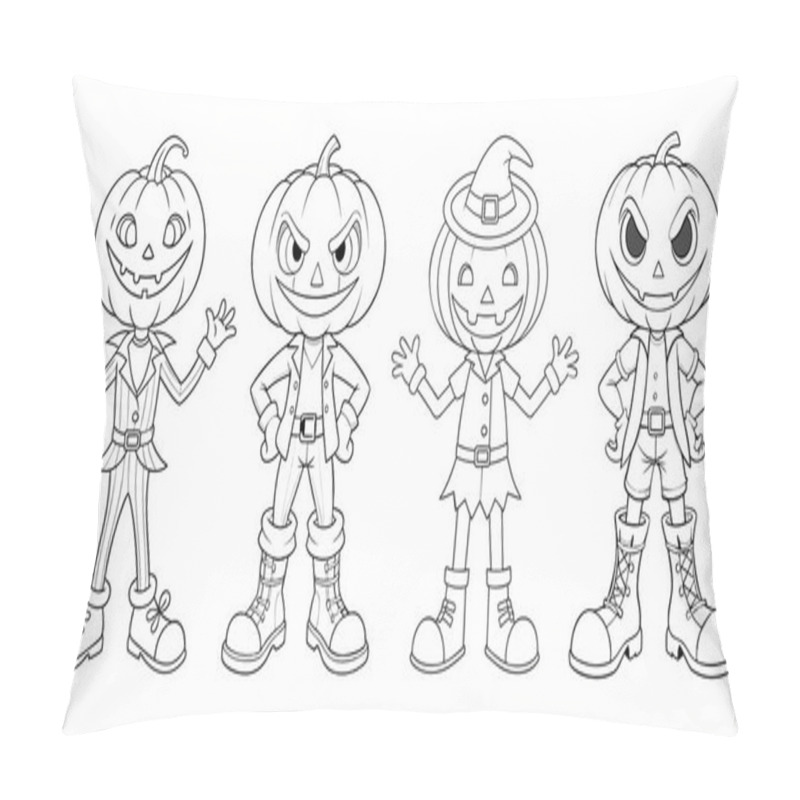 Personality  Set Of Four Whimsical Pumpkin Characters Exudes Charm, Each Adorned With Unique Outfits. Pillow Covers