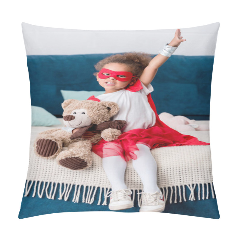 Personality  Adorable Little African American Child In Superhero Costume Sitting On Bed With Teddy Bear Pillow Covers