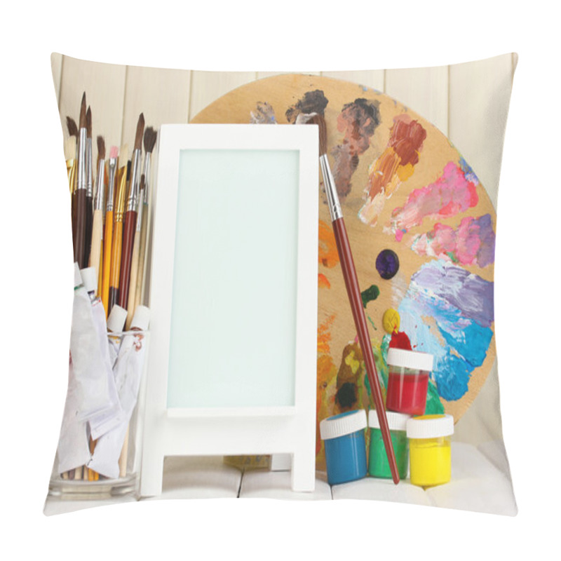 Personality  Photo Frame As Easel With Artist's Tools On Wooden Background Pillow Covers