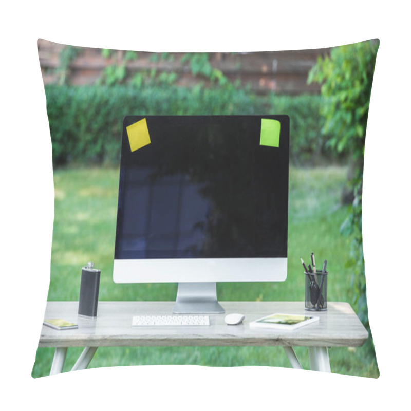 Personality  Selective Focus Of Flask, Digital Tablet, Computer With Blank Screen, Stick It Notes And Smartphone On Table Outdoors  Pillow Covers