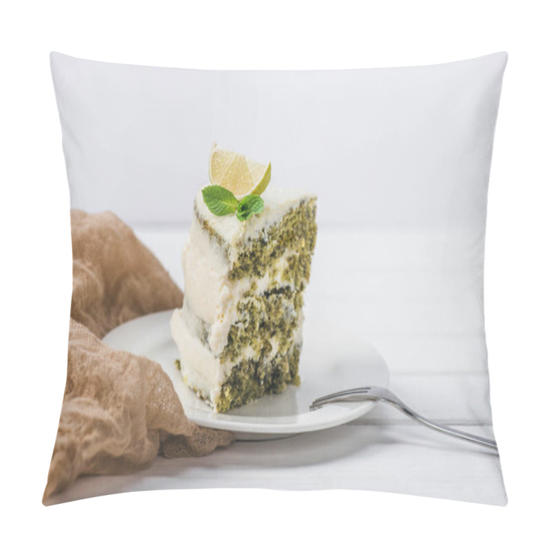 Personality  Piece Of White Cake Decorated With Lime Slice And Mint Leave With Fork On Saucer Isolated On White  Pillow Covers