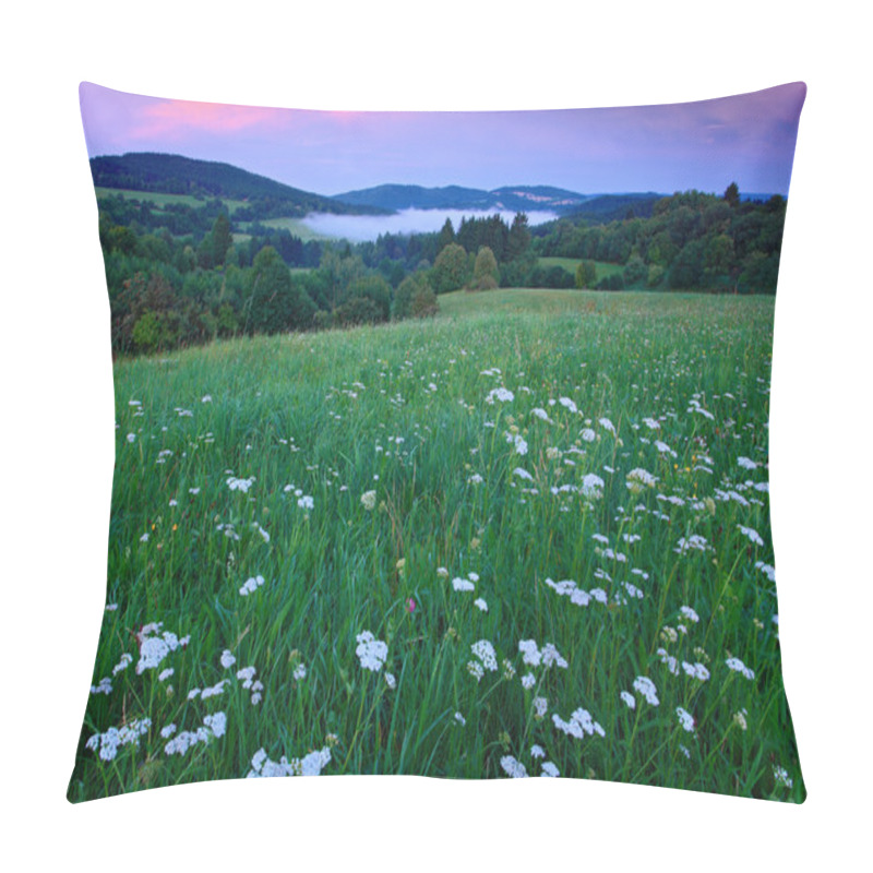 Personality  Blooming Meadow With White Flowers And Evening Pink Sky In Bohemian-Moravian Highlands During Sunset, Czech Republic  Pillow Covers