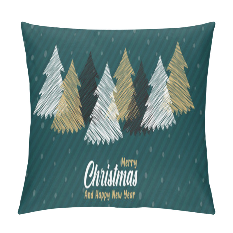 Personality  Merry Christmas Happy New Year Web Banner Illustration. Hand Drawn Pine Tree Forest Cartoon At Night. Scribble Style Design For Winter Holiday Celebration Event. Pillow Covers