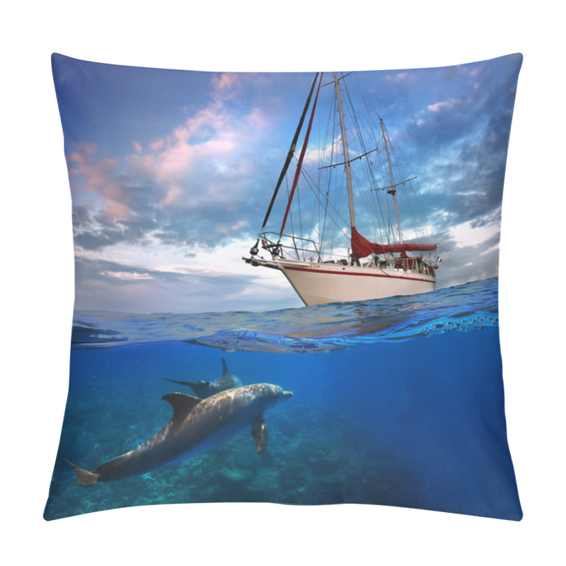 Personality  Wild Doplhins Swimming Under Yacht Pillow Covers