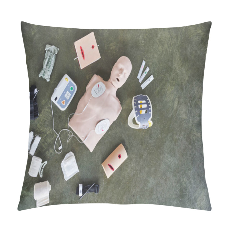 Personality  Top View Of CPR Manikin, Automated External Defibrillator, Wound Care Simulators, Compressive Tourniquets, Bandages And Syringes, Medical Equipment And First Aid Training Concept Pillow Covers