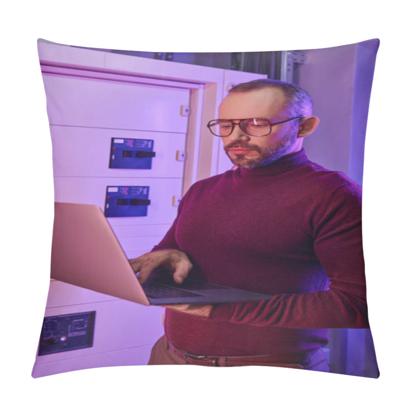 Personality  Attractive Focused Specialist In Turtleneck With Beard And Glasses Looking At His Laptop Attentively Pillow Covers