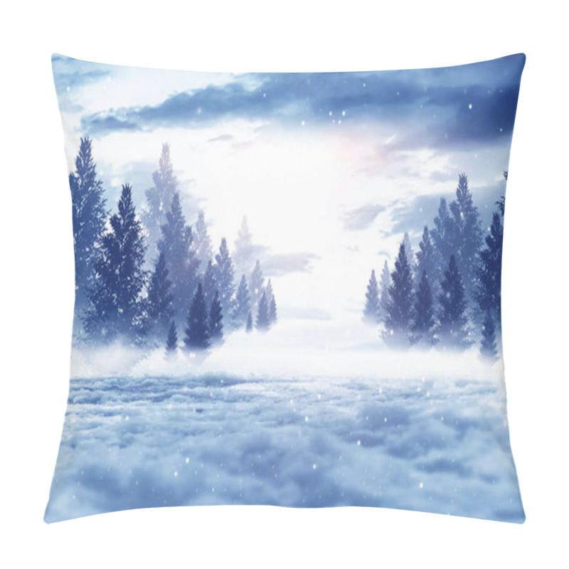 Personality  Dark Winter Forest Background At Night. Snow, Fog, Moonlight. Dark Neon Night Background In The Forest With Moonlight. Neon Figure In The Center. Night View, Magic. Pillow Covers