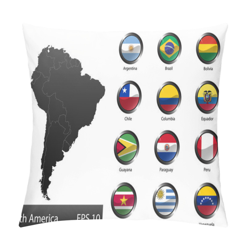 Personality  High Detailed National Flags Of South American Countries, Clipped In Round Shape Glossy Metal Buttons, Vector Pillow Covers