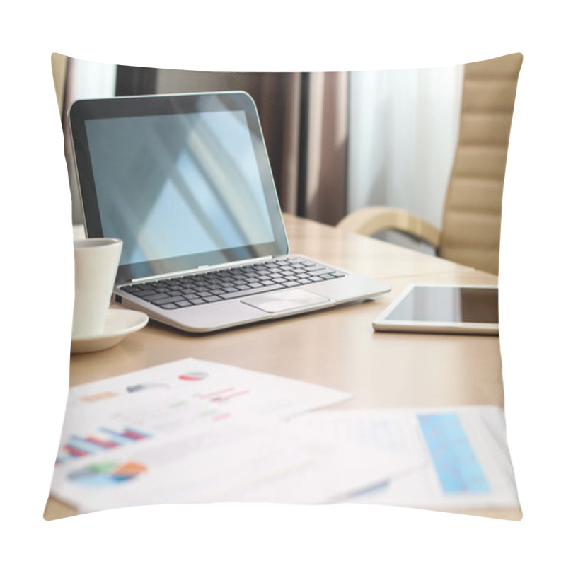 Personality  Working Place With Laptop, Digital Tablet; Graphs At The Office Pillow Covers