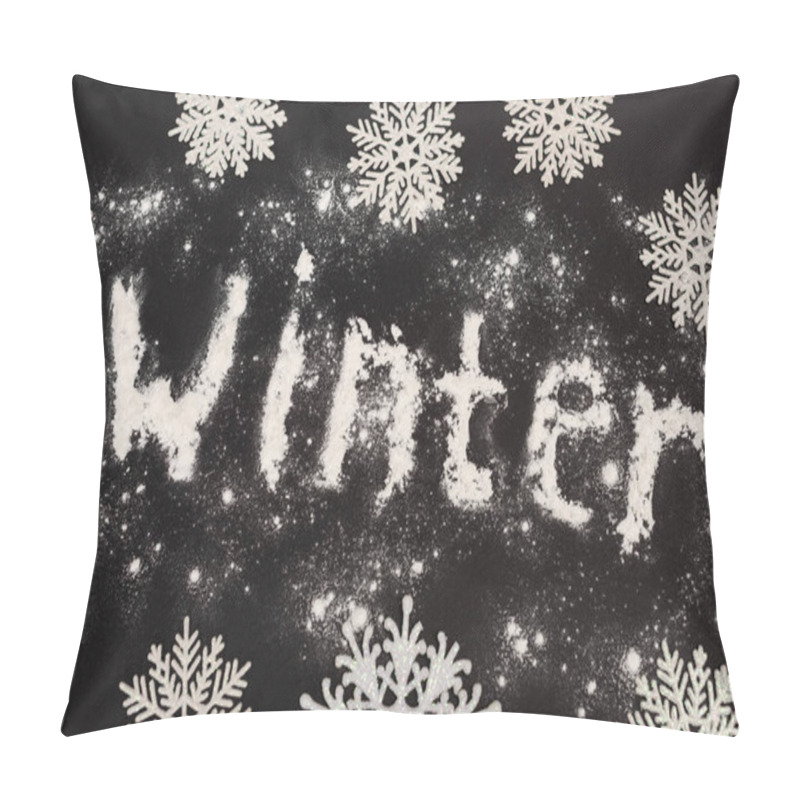 Personality  Top View Of Word Winter And Snowflakes On Black Background Pillow Covers