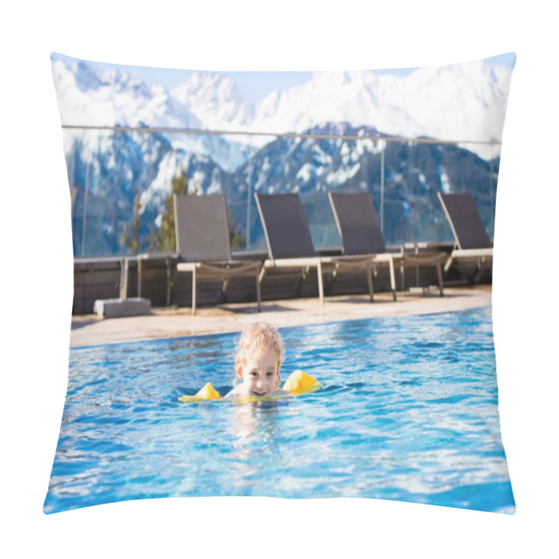 Personality  Child In Outdoor Swimming Pool Of Alpine Resort Pillow Covers