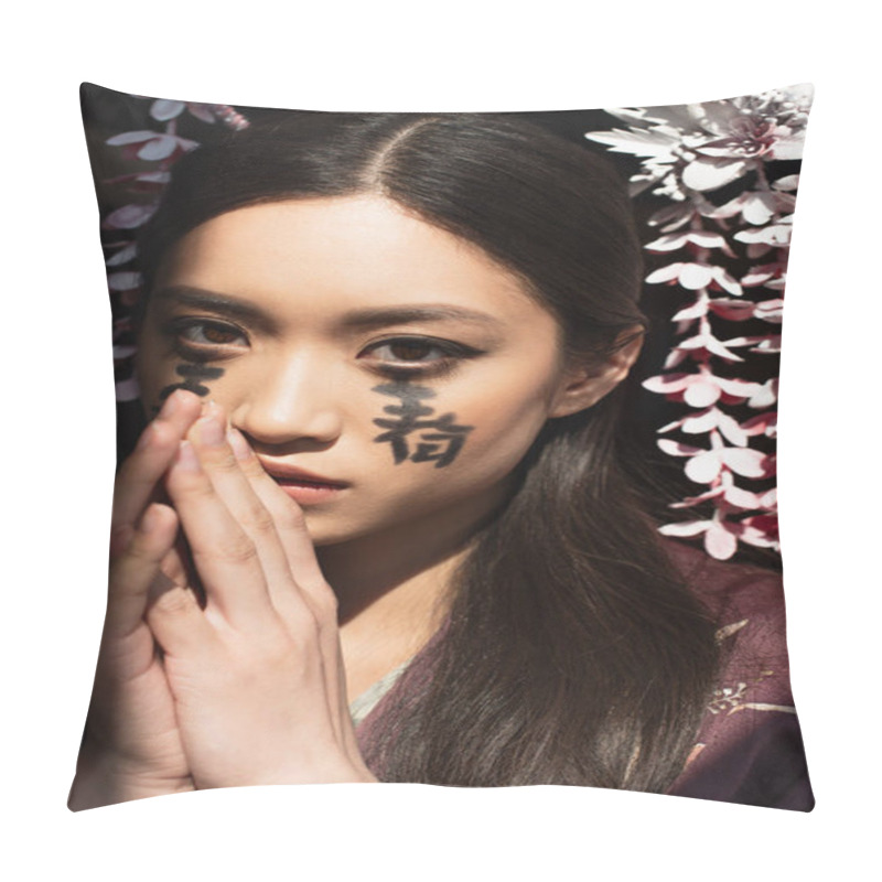 Personality  Asian Woman With Hieroglyphs On Face Isolated On Black  Pillow Covers