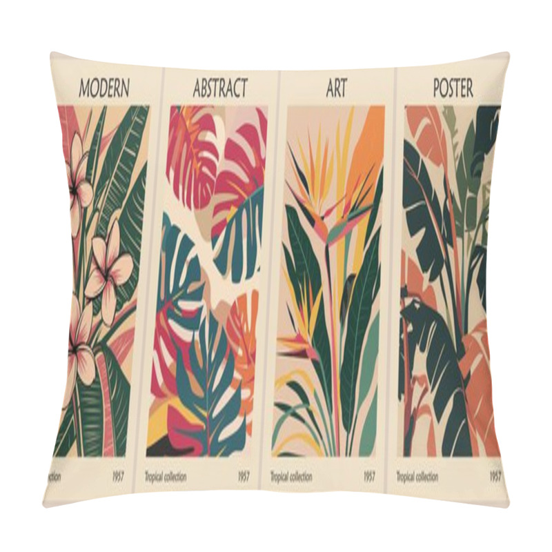 Personality  Set Of Abstract Flower Market Posters. Trendy Botanical Wall Arts With Exotic Tropical Flowers, Bird Of Paradise, Plumeria, Monstera In Bright Colors. Vector Illustrations In Mid Century Modern Style. Pillow Covers