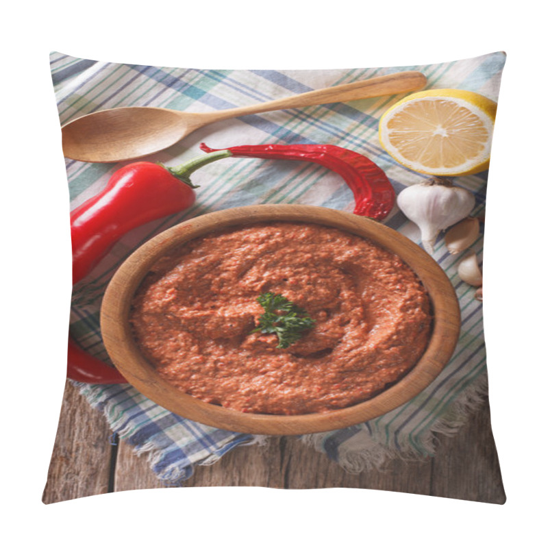 Personality  Red Muhammara And Ingredients Close-up. Vertical Top View Pillow Covers