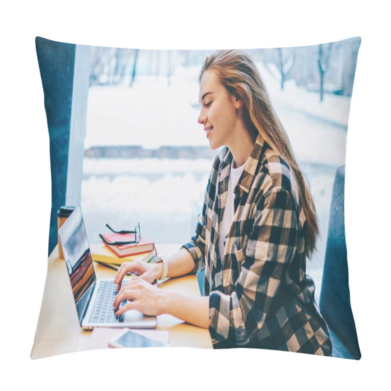 Personality  Happy Hipster Girl Watching Funny Comedy Show On Laptop Computer Connected To Wifi At University Cafeteria, Positive Female Student Enjoying Break Of Studying And Using Netbook And Browsing Internet Pillow Covers