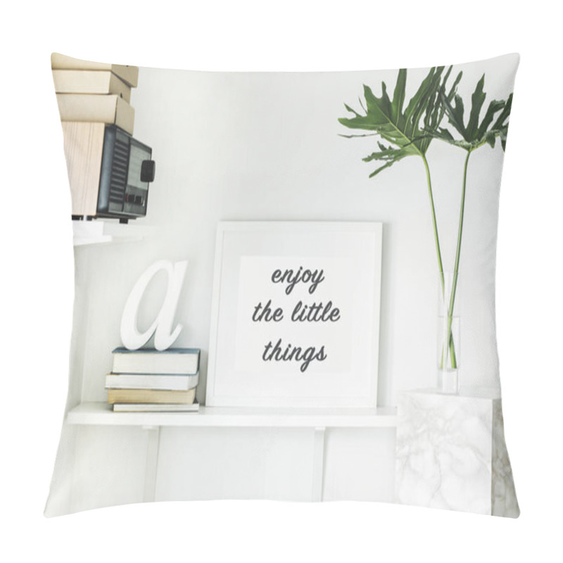 Personality  Bright White Interior Corner With Shelves And Inspirational Phrase In Frame On Wall Pillow Covers