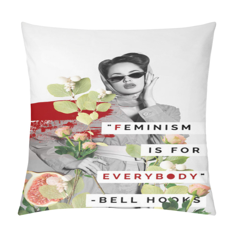 Personality  Creative Collage Of Stylish Woman In Retro Clothing And Sunglasses With Flowers And Feminism Is For Everybody Quote Pillow Covers