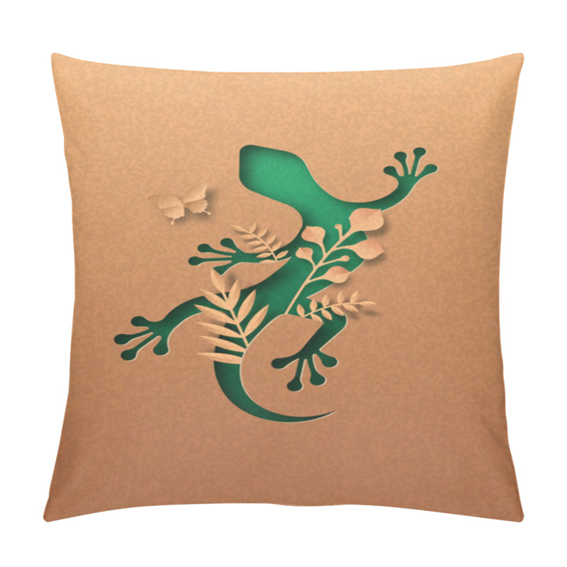 Personality  Green Gecko Animal Isolated Papercut Silhouette With Tropical Plant Leaf Inside. Recycled Paper Texture Lizard Cutout. Wildlife Conservation, Jungle Protection Or Natural Product Concept. Pillow Covers