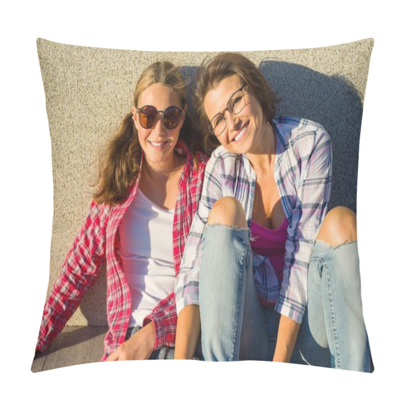 Personality  Mom And Daughter Teen Together, Smiling At The Camera. Pillow Covers